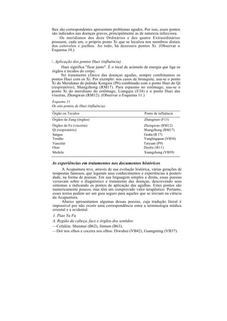 lhes são correspondentes apresentam problemas agudos. Por isso, esses pontos
são indicados nas doenças graves, principalmente as de natureza infecciosa.
Os meridianos dos doze Ordinários e dos quatro Extraordinários
possuem, cada um, o próprio ponto Xi que se localiza nos membros distais
dos cotovelos e joelhos. Ao todo, há dezesseis pontos Xi. (Observar o
Esquema 10.)
/. Aplicação dos pontos Huei (influência)
Huei significa "ficar junto". É o local de acúmulo de energia que liga os
órgãos e tecidos do corpo.
No tratamento clínico das doenças agudas, sempre combinamos os
pontos Huei com os Xi. Por exemplo: nos casos de bronquite, usa-se o ponto
Xi do Meridiano do pulmão Kongzui (P6) combinado com o ponto Huei do Qi
(respiratório), Shangzhong (RM17). Para espasmo no estômago, usa-se o
ponto Xi do meridiano do estômago, Liangqiu (E34) e o ponto Huei das
vísceras, Zhongwan (RM12). (Observar o Esquema 11.)
Esquema 11
Os oito pontos de Huei (influência)
Órgão ou Tecidos Ponto de influência
Órgãos de Zang (órgãos) Zhangmen (F13)
Órgãos de Fu (vísceras) Zhongwan (RM12)
Qi (respiratório) Shangzhong (RM17)
Sangue Geshu (B 17)
Tendão Yanglingquan (VB34)
Vascular Taiyuan (P9)
Osso Dashu (B11)
Medula Xuangzhong (VB39)
As experiências em tratamentos nos documentos históricos
A Acupuntura teve, através de sua evolução histórica, várias gerações de
terapeutas famosos, que legaram seus conhecimentos e experiências à posteri-
dade, na forma de poesias. Em sua linguagem simples e direta, essas poesias
versavam sobre o diagnóstico e tratamento das doenças, descrevendo seus
sintomas e indicando os pontos de aplicação das agulhas. Estes pontos são
numericamente poucos, mas têm um comprovado valor terapêutico. Portanto,
esses textos podem ser um guia seguro para aqueles que se iniciam na ciência
da Acupuntura.
Abaixo apresentamos algumas dessas poesias, cuja tradução literal é
impossível por não existir uma correspondência entre a terminologia médica
oriental e a ocidental.
1. Piao Yu Fu
A. Região da cabeça, face e órgãos dos sentidos:
—Cefaléia: Shenmai (B62), Jinmen (B63).
—Dor nos olhos e coceira nos olhos: Diwuhui (VB42), Guangming (VB37).
 