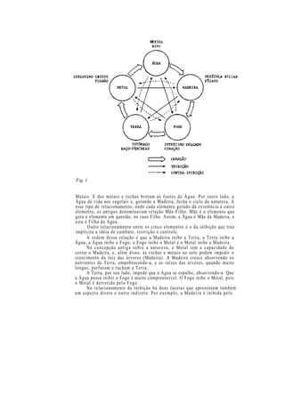 Fig. l
Metais. E dos metais e rochas brotam as fontes de Água. Por outro lado, a
Água dá vida aos vegetais e, gerando a Madeira, fecha o ciclo da natureza. A
esse tipo de relacionamento, onde cada elemento gerado dá existência a outro
elemento, os antigos denominavam relação Mãe-Filho. Mãe é o elemento que
gera o elemento em questão, no caso Filho. Assim, a Água é Mãe da Madeira, e
esta é Filha da Água.
Outro relacionamento entre os cinco elementos é o da inibição que traz
implícita a idéia de combate, restrição e controle.
A ordem dessa relação é que a Madeira inibe a Terra, a Terra inibe a
Água, a Água inibe o Fogo, o Fogo inibe o Metal e o Metal inibe a Madeira.
Na concepção antiga sobre a natureza, o Metal tem a capacidade de
cortar a Madeira, e, além disso, as rochas e metais no solo podem impedir o
crescimento da raiz das árvores (Madeira). A Madeira cresce absorvendo os
nutrientes da Terra, empobrecendo-a, e as raízes das árvores, quando muito
longas, perfuram e racham a Terra.
A Terra, por seu lado, impede que a Água se espalhe, absorvendo-a. Que
a Água possa inibir o Fogo é muito compreensível. O Fogo inibe o Metal, pois
o Metal é derretido pelo Fogo.
No relacionamento de inibição há duas facetas que apresentam também
um aspecto direto e outro indireto. Por exemplo, a Madeira é inibida pelo
 
