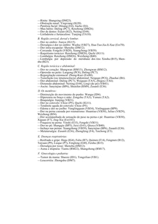 —Rinite: Shangxing (DM23).
—Obstrução nasal: Yingxiang (IG20).
—Paralisia facial: Ditsang (E4), Jiache (E6).
—Mau hálito: Daling (PC7), Renzhong (DM26).
—Dor de dentes: Erjian (IG2), Neiting (E44).
—Linfadenite e furunculose: Tianjing (TA10).
B. Região cervical, dorsal e lombar.
—Dor no ombro: Jianyu (IG15).
—Dorsalgia e dor no ombro: Wushu (VB27), Hua-Tuo-Jia-Ji-Xue (Ext70).
—Dor intra-escapular: Shenzhu (DM12).
—Corcunda: Fengchi (VB20), Xuang/hong (VB39).
—Raquitismo torácico: Renzhong (DM26), Quchi (IG11).
—Lombalgia: Renzhong (DM26), Weizhong (B40).
—Lombalgia por depressão do meridiano dos rins: Xinshu (B15), Shen-
shu (B23).
C. Região torácica e abdominal:
—Dor no coração: Shangwan (RM13), Zhongwan (RM12).
—Opressão no peito: Laogong (PC8), Daling (PC7).
—Regurgitação estomacal: Zhong-Kuei (Ext80).
—Tumefação (ou intumescência) abdominal: Neiguan (PC6), Zhaohai (R6).
—Dor abdominal: Daling (PC7), Waiguan (TA5), Zhigou (TA6).
—Distensão abdominal: Neiting (E44), Linqi (do pé) (VB41).
—Ascite: Sanyinjiao (BP6), Shuiefen (RM9), Zusanli (E36).
D. Os membros:
—Diminuição do movimento do punho: Wangu (ID4).
—Hiperemia no braço e mão: Zongzhu (TA3), Yemen (TA2).
—Braquialgia: Jianjing (VB21).
—Dor no cotovelo: Chize (P5), Quchi (IG11).
—Tendinite aguda do cotovelo: Chize (P5).
—Edema e dor no joelho: Yanglingquan (VB34), Yinlingquan (BP9).
—Dor na perna causada por reumatismo: Huantiao (VB30), Juliao (VB29),
Weizhong (B54).
—Dor acompanhada de sensação de peso na perna e pé: Huantiao (VB30),
Xiguan (F7), Jing-Xia (Ext101).
—Fraqueza na perna: Yinshi (E33), Fengshi (VB31).
—Dor no pé: Shangqiu (BP5), Jiexi (E41), Qiuxu (VB40).
—Inchaço nas pernas: Xuangzhong (VB39), Sanyinjiao (BP6), Zusanli (E36).
—Metatarsalgia: Zusanli (E36), Zhongfeng (F4), Taichong (F3).
E. Doenças respiratórias:
—Resfriado e gripe: Hegu (IG4), Fuliu (R7), Quimen (F14), Fengmen (B12),
Taiyuan (P9), Lieque (P7), Fenglong (E40), Feishu (B13).
—Dorsalgia por tosse: Shenzhu (DM12).
—Asma e dispnéia: Tiantu (RM22), Shangzhong (RM17).
F. Ginecologia e pediatria:
—Tumor da mama: Shaoze (ID1), Tongziliao (VB1).
—Leucorréia: Zhongshu (DM7).
 