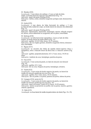 28. Shuidao (E28)
Localização: 3 tsun abaixo do umbigo e 2 tsun ao lado da linha
média, na borda lateral do músculo reto-abdominal (Fig. 17).
Aplicação: igual à do ponto Wailing (E26).
Indicações: nefrite; cistite; distúrbio urogenital; prolapso anal; dismenorréia;
anexite.
29. Guilai (E29)
Localização: 4 tsun abaixo da linha horizontal do umbigo e 2 tsun
ao lado da linha medial do corpo, na borda lateral do músculo reto-abdominal
(Fig. 17).
Aplicação: igual à do ponto Wailing (E26).
Indicações: dismenorréia; amenorréia; menorragia; anexite; infecção urogeni-
tal; hérnia; eólica abdominal ou urogenital; dor no pênis; esterilidade.
30. Qichong (E30)
Localização: na linha horizontal suprapúbica, 2 tsun ao lado da linha
medial, na borda lateral da região púbica (Fig. 17).
Aplicação: agulhar, 0,3-0,5 tsun; moxa, 10-15 minutos.
Indicações: dor nos órgãos genitais; distúrbio urogenital; hérnia; dismenor-
réia; esterilidade.
31. Biguan (E31)
Localização: no encontro das linhas da espinha ântero-superior ilíaca e
infrapúbica, entre o músculo tensor da fáscia lata e o músculo sartório (Fig.
18).
Aplicação: agulhar, perpendicularmente, 0,5-1,5 tsun; moxa, 10-20 mi-
nutos.
Indicações: tendinite da coxa; hemiplegia; paralisia da perna.
32. Futu (E32)
Localização: 6 tsun acima da patela, no lado do músculo reto-femural
(Fig. 18).
Aplicação: agulhar, 0,5-1 tsun.
Indicação: dor na coxa; fraqueza da perna; hemiplegia; urticária.
33. Yinshi (E33)
Localização: 3 tsun acima da borda superior da patela, na lateral do
tendão do músculo quadríceps da coxa (Fig. 18).
Aplicação: agulhar, 0,5-1 tsun; moxa, 10-15 minutos.
Indicações: dor no joelho e na perna; paralisia da perna; edema da perna.
34. Liangqiu (E34): ponto de Xi
Localização: 2 tsun acima da borda superior da patela, na lateral do
tendão do músculo quadríceps da coxa (Fig. 18).
Aplicação: igual à do ponto Yinshi (E33); moxa, 10-20 minutos.
Indicações: artrite ou periartrite no joelho; dor na perna; mastite; gastrite;
enterite; apendicite.
35. Dubi (E35)
Localização: na fossa lateral do tendão da patela abaixo da rótula (Figs. 18 e 19).
 