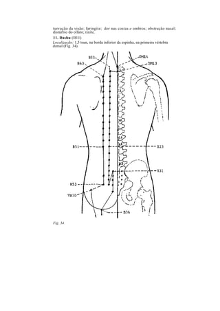 turvação da visão; faringite; dor nas costas e ombros; obstrução nasal;
distúrbio do olfato; rinite.
11. Dashu (B11)
Localização: 1,5 tsun, na borda inferior da espinha, na primeira vértebra
dorsal (Fig. 34).
Fig. 34
 