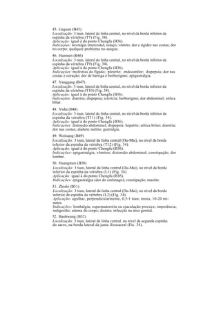 45. Geguan (B45)
Localização: 3 tsun, lateral da linha central, no nível da borda inferior da
espinha da vértebra (T7) (Fig. 34).
Aplicação: igual à do ponto Chengfu (B36).
Indicações: nevralgia intercostal; soluço; vômito; dor e rigidez nas costas; dor
no corpo; qualquer problema no sangue.
46. Hunmen (B46)
Localização: 3 tsun, lateral da linha central, no nível da borda inferior da
espinha da vértebra (T9) (Fig. 34).
Aplicação: igual à do ponto Chengfu (B36).
Indicações: moléstias do fígado; pleurite; endocardite; dispepsia; dor nas
costas e coração; dor de barriga e borborigmo; epigastralgia.
47. Yanggang (B47)
Localização: 3 tsun, lateral da linha central, no nível da borda inferior da
espinha da vértebra (T10) (Fig. 34).
Aplicação: igual à do ponto Chengfu (B36).
Indicações: diarréia; dispepsia; icterícia; borborigmo; dor abdominal; eólica
biliar.
48. Yishe (B48)
Localização: 3 tsun, lateral da linha central, no nível da borda inferior da
espinha da vértebra (T11) (Fig. 34).
Aplicação: igual à do ponto Chengfu (B36).
Indicações: distensão abdominal; dispepsia; hepatite; eólica biliar; diarréia;
dor nas costas; diabete melito; gastralgia.
49. Weitsang (B49)
Localização: 3 tsun, lateral da linha central (Du-Mai), no nível da borda
inferior da espinha da vértebra (T12) (Fig. 34).
Aplicação: igual à do ponto Chengfu (B36).
Indicações: epigastralgia; vômitos; distensão abdominal; constipação; dor
lombar.
50. Huangmen (B50)
Localização: 3 tsun, lateral da linha central (Du-Mai), no nível da borda
inferior da espinha da vértebra (L1) (Fig. 34).
Aplicação: igual à do ponto Chengfu (B36).
Indicações: epigastralgia (dor do estômago); constipação; mastite.
51. Zhishi (B51)
Localização: 3 tsun, lateral da linha central (Du-Mai), no nível da borda
inferior da espinha da vértebra (L2) (Fig. 34).
Aplicação: agulhar, perpendicularmente, 0,5-1 tsun; moxa, 10-20 mi-
nutos.
Indicações: lombalgia; espermatorréia ou ejaculação precoce; impotência;
indigestão; edema do corpo; disúria; infecção na área genital.
52. Baohwang (B52)
Localização: 3 tsun, lateral da linha central, no nível da segunda espinha
do sacro, na borda lateral da junta iliossacral (Fie. 34).
 