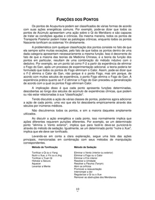 10
5
FUNÇÕES DOS PONTOS
Os pontos de Acupuntura podem ser classificados de várias formas de acordo
com suas ações energéticas comuns. Por exemplo, pode-se dizer que todos os
pontos de Acúmulo apresentam uma ação sobre o Qi do Meridiano e são capazes
de tratar as condições agudas e crônicas. Da mesma maneira, todos os pontos de
Transporte Posterior podem tratar as patologias crônicas, enquanto todos os pontos
Nascente tonificam os sistemas Yin diretamente.
A problemática com qualquer classificação dos pontos consiste no fato de que
ela sempre sofre muitas exceções, pelo fato de que todos os pontos dentro de uma
dada categoria apresentam necessariamente a mesma função. Isso é decorrente do
fato de que a maioria das teorias da Medicina Chinesa, e a teoria da função dos
pontos em particular, resultam de uma combinação do método indutivo com o
dedutivo. Por exemplo, se um ponto tal como F-2 a partir da experiência de eliminar
o Fogo do Gan, após um processo de experimentação adicional, a teoria poderia ter
formulado que todos os pontos do Fogo eliminam o Calor. Assim, pode-se dizer que
o F-2 elimina o Calor do Gan, não porque é o ponto Fogo, mas sim porque, de
acordo com muitos séculos de experiência, o ponto Fogo elimina o Fogo do Gan. A
experiência prática quanto ao F-2 eliminar o Fogo do Gan precedeu a generalização
de acordo com a qual os pontos Fogo eliminam Calor.
A implicação disso é qua cada ponto apresenta funções determinadas,
descobertas ao longo dos séculos de acúmulo de experiências clínicas, que podem
ou não estar relacionadas à sua "classificação".
Tendo discutido a ação de várias classes de pontos, podemos agora adicionar
a ação de cada ponto, uma vez que ela foi descoberta empiricamente através dos
séculos por inúmeros médicos.
Não discutiremos todos os pontos, e sim a maioria daqueles amplamente
utilizados.
Ao discutir a ação energética e cada ponto, isso normalmente implica que
ações diferentes requerem punções diferentes. Por exemplo, se um determinado
ponto "elimina o Vento exterior", implica que para fazê-lo deve-se puncioná-lo
através do método de sedação. Igualmente, se um determinado ponto "nutre o Xue",
implica que ele deve ser tonificado.
Levando-se em conta a clara explanação, segue uma lista das ações
principais, mencionadas em combinação com seus métodos de manipulação
correspondentes.
Método de Tonificação Método de Sedação
Tonificar o Qi ou o Yang Eliminar o Vento (interior ou exterior)
Nutrir o Xue, o Yin ou a Jing Eliminar o Fogo ou o Calor
Tonificar o Yuan Qi Eliminar o Frio interior
Hidratar a Secura Resolver a Umidade
Aquecer Resolver a Fleuma (Tanyin)
Levantar a Mente Abrir os orifícios
Promover a ressuscitação
Interromper a dor
Regularizar o Qi ou o Xue
Remover as obstruções dos Meridianos
 