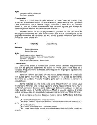 11
3
Ação
Elimina o Calor do Pulmão (Fei)
Beneficia a garganta
Comentários
Este é o ponto principal para eliminar o Calor-Cheio do Pulmão (Fei).
Shakutaku P-5 também elimina o Calor do Pulmão, porém elimina mais, quando o
Calor é combinado com a Fleuma (Tanyin) obstruindo o tórax. P-10, ao contrário,
elimina o Calor do Pulmão especialmente nas situações agudas, por exemplo na
Identificação dos Padrões dos Quatro Níveis do Nível Qi.
Também elimina o Calor da garganta sendo, portanto, utilizado para tratar dor
de garganta decorrente do Calor ou do Vento-Calor. Não é utilizado para dor de
garganta decorrente da Deficiência do Yin, exceto quando combinado com outros
pontos tais como Shôkai R-6.
P-11 SHÔSHÔ Metal Mínimo
Natureza
Ponto Nascente
Ponto Madeira
Ação
Expele o Vento (interior e exterior)
Estimula a dispersão e a descendência do Qi do Fei
Beneficia a garganta
Abre os orifícios e promove a ressuscitação
Comentários
Este ponto expele o Vento-Calor Exterior, sendo utilizado frequentemente
para dor de garganta decorrente do ataque de Vento-Calor: neste caso ele é
sangrado. Frequentemente é utilizado, somente para dor de garganta aguda oriunda
do Vento-Calor.
Também é efetivo para tratar o Vento interior, sendo utilizado em combinação
com outros pontos Nascente da mão, na apoplexia e na perda de consciência
decorrente de Acidente Vascular Cerebral para abrir os orifícios e promover a
ressuscitação.
Tenho traduzido o nome deste ponto como "Metal Mínimo" em vez do usual
"Comerciante Mínimo", uma vez que a palavra Shang, nesse contexto indica "Ouro"
ou "Metal", como um dos cinco sons tradicionais. Este som particular é o som do
metal quando batido. O Pulmão pertence ao Metal, e o ponto Nascente é o local
onde o Meridiano está em seu estado mais superficial e menor, daí "Metal Mínimo".
É útil comparar as funções dos cinco maiores pontos do Meridiano do Pulmão
(Fei):
_ P-5 elimina o Calor do Pulmão e resolve a Fleuma
_ P-7 liberta o Exterior, circula o Qi Defensivo e estimula a descendência e dispersão do Qi
do Fei.
_ P-9 tonifica o Pulmão
_ P-10 elimina o Calor do Pulmão e beneficia a garganta
_ P-11 expele o Vento-Calor, estimula a dispersão e descendência do Qi do Fei e beneficia a
garganta.
 