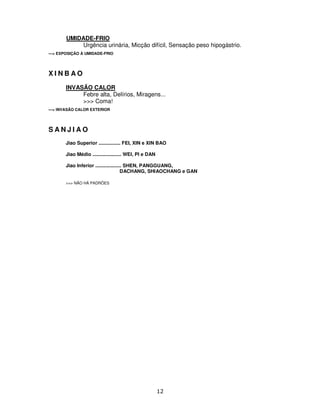 12
UMIDADE-FRIO
Urgência urinária, Micção difícil, Sensação peso hipogástrio.
---> EXPOSIÇÃO À UMIDADE-FRIO
X I N B A O
INVASÃO CALOR
Febre alta, Delírios, Miragens...
>>> Coma!
---> INVASÃO CALOR EXTERIOR
S A N J I A O
Jiao Superior ................ FEI, XIN e XIN BAO
Jiao Médio ..................... WEI, PI e DAN
Jiao Inferior ................... SHEN, PANGGUANG,
DACHANG, SHIAOCHANG e GAN
>>> NÃO HÁ PADRÕES
 
