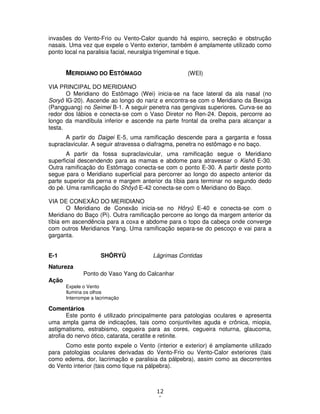 12
1
invasões do Vento-Frio ou Vento-Calor quando há espirro, secreção e obstrução
nasais. Uma vez que expele o Vento exterior, também é amplamente utilizado como
ponto local na paralisia facial, neuralgia trigeminal e tique.
MERIDIANO DO ESTÔMAGO (WEI)
VIA PRINCIPAL DO MERIDIANO
O Meridiano do Estômago (Wei) inicia-se na face lateral da ala nasal (no
Soryô IG-20). Ascende ao longo do nariz e encontra-se com o Meridiano da Bexiga
(Pangguang) no Seimei B-1. A seguir penetra nas gengivas superiores. Curva-se ao
redor dos lábios e conecta-se com o Vaso Diretor no Ren-24. Depois, percorre ao
longo da mandíbula inferior e ascende na parte frontal da orelha para alcançar a
testa.
A partir do Daigei E-5, uma ramificação descende para a garganta e fossa
supraclavicular. A seguir atravessa o diafragma, penetra no estômago e no baço.
A partir da fossa supraclavicular, uma ramificação segue o Meridiano
superficial descendendo para as mamas e abdome para atravessar o Kishô E-30.
Outra ramificação do Estômago conecta-se com o ponto E-30. A partir deste ponto
segue para o Meridiano superficial para percorrer ao longo do aspecto anterior da
parte superior da perna e margem anterior da tíbia para terminar no segundo dedo
do pé. Uma ramificação do Shôyô E-42 conecta-se com o Meridiano do Baço.
VIA DE CONEXÃO DO MERIDIANO
O Meridiano de Conexão inicia-se no Hôryû E-40 e conecta-se com o
Meridiano do Baço (Pi). Outra ramificação percorre ao longo da margem anterior da
tíbia em ascendência para a coxa e abdome para o topo da cabeça onde converge
com outros Meridianos Yang. Uma ramificação separa-se do pescoço e vai para a
garganta.
E-1 SHÔRYÛ Lágrimas Contidas
Natureza
Ponto do Vaso Yang do Calcanhar
Ação
Expele o Vento
Ilumina os olhos
Interrompe a lacrimação
Comentários
Este ponto é utilizado principalmente para patologias oculares e apresenta
uma ampla gama de indicações, tais como conjuntivites aguda e crônica, miopia,
astigmatismo, estrabismo, cegueira para as cores, cegueira noturna, glaucoma,
atrofia do nervo ótico, catarata, ceratite e retinite.
Como este ponto expele o Vento (interior e exterior) é amplamente utilizado
para patologias oculares derivadas do Vento-Frio ou Vento-Calor exteriores (tais
como edema, dor, lacrimação e paralisia da pálpebra), assim como as decorrentes
do Vento interior (tais como tique na pálpebra).
 