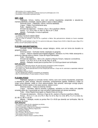14
_ BP-6 tonifica o Yin e acalma a Mente.
_ R-7 tonifica o Shen e interrompe a sudorese noturna em combinação com o C-6.
_ R-6 tonifica o Yin do Shen e promove o sono.
DEF. XUE
Palpitação, tontura, insônia, sono com sonhos inquietantes, propensão a assustar-se,
memória debilitada, ansiedade, aspecto pálido e opaco e lábios pálidos.
Sintomas-chave -- Palpitação, insônia, memória debilitada.
Língua -- Pálida, Fina e levemente seca.
Pulso -- Agitado ou Fino.
Princípio de tratamento -- Tonificar o Xue, o Xin e pacificar a Mente.
Pontos -- C-7, PC-6, Ren-14, Ren-15, Ren-4, B-17, B-20
Método -- Tonificação. A moxa é aplicável.
EXPLANAÇÃO
_ C-7 tonifica o Xue do Xin e pacifica a Mente.
_ PC-6 tonifica o Qi do Xin e pacifica a Mente.
_ Ren-14 e Ren-15 tonificam o Xue do Xin e pacificam a Mente. São particularmente utilizados se houver ansiedade
exarcebada.
_ Ren-4, B-17 e b-20 tonificam o Xue. B-17 é o ponto de União para o Sangue (Xue) e B-20 é o Back-Shu para o Baço (Pi) e
tonifica o Qi do Pi para produzir mais Xue.
FLEUMA INSUBSTANCIAL
Confusão mental, inconsciência, estupor letárgico, vômito, som em forma de chocalho na
garganta e afasia.
Sintomas-chave -- Confusão mental, crepitação na garganta.
Língua -- Saburra espessa-escorregadia-pegajosa, rachadura na linha média alcançando a
ponta com pápulas sobre a mesma. Corpo da língua Edemaciado.
Pulso -- Escorrgadio.
Princípio de tratamento -- Abrir o Xin, resolver a Fleuma (Tanyin), restaurar a consciência.
Pontos -- C-9, PC-5, B-15, E-40, Du-26, Ren-12, B-20
Método -- Sedação, exceto para os pontos Ren-12 e B-20 que devem ser tonificados.
EXPLANAÇÃO
_ C-9 limpa o Xin e abre seus orifícios. No caso de ocorrer inconsciência, pode-se sangrá-lo.
_ PC-5 resolve o Tanyin do Xin. Este é o ponto principal deste padrão.
_ B-15 limpa o Xin, sendo particularmente útil nas crianças para eliminar o Tanyin do Xin: estimulará a capacidade intelectual
das crianças e a fala.
_ E-40 resolve a Fleuma (Tanyin).
_ Du-26 é utilizado para restaurar a consciência, se necessário.
_ Ren-12 e B-20 tonificam o Pi para resolver a Fleuma (Tanyin).
FLEUMA-FOGO
Palpitação, agitação ou confusão mental, insônia, sono com sonhos inquietantes, propensão
a assustar-se, gosto amargo, discurso incoerente, comportamento agitado, tendência a bater ou
xingar outras pessoas, risada ou choro descontrolados, falar gritando, resmungar consigo próprio,
depressão mental e apatia, e nos casos severos, afasia e coma.
Sintomas-chave -- Todos os sintomas mentais.
Língua -- Vermelha, saburra amarela e pegajosa, rachadura na linha média com pápulas
amarelas sobre ela. A ponta pode ser mais vermelha e edemaciada com pontos vermelhos.
Pulso -- Cheio-Rápido-Escorrgadio ou Rápido-Cheio-em Corda.
Princípio de tratamento -- Eliminar o Fogo do Xin, resolver a Fleuma e pacificar a Mente.
Pontos -- PC-5, C-7, C-8, C-9, PC-7, Ren-15, B-15, Ren-12, E-40, BP-6, F-3, F-2, B-20, Du-
20, VB-13, VB-15, Du-24
Método -- Sedação, exceto os pontos Ren-12 e B-20 que deverão ser tonificados. Não há
aplicação de moxa.
EXPLANAÇÃO
_ PC-5 resolve o Tanyin do Xin e desobstrui os orifícios.
_ C-7 elimina o Calor e pacifica a Mente.
_ C-8 e C-9 eliminam o Fogo do Xin e restauram a consciência.
_ PC-7 pacifica a Mente e elimina o Fogo do Xin.
_ Ren-15 pacifica a Mente.
_ B-15 elimina o Fogo do Xin.
_ Ren-12 tonifica o Pi para resolver o Tanyin.
_ E-40 resolve a Fleuma (Tanyin).
_ BP-6 resolve a Fleuma (Tanyin) e pacifica a Mente.
 