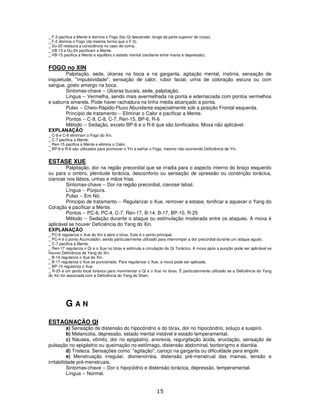 15
_ F-3 pacifica a Mente e domina o Fogo (faz Qi descender, longe da parte superior do corpo)
_ F-2 domina o Fogo (da mesma forma que o F-3).
_ Du-20 restaura a consciência no caso de coma.
_ VB-13 e Du-24 pacificam a Mente.
_ VB-15 pacifica a Mente e equilibra o estado mental (oscilante entre mania e depressão).
FOGO no XIN
Palpitação, sede, úlceras na boca e na garganta, agitação mental, insônia, sensação de
inquietude, "impulsividade", sensação de calor, rubor facial, urina de coloração escura ou com
sangue, gosto amargo na boca.
Sintomas-chave -- Úlceras bucais, sede, palpitação.
Língua -- Vermelha, sendo mais avermelhada na ponta e edemaciada com pontos vermelhos
e saburra amarela. Pode haver rachadura na linha média alcançado a ponta.
Pulso -- Cheio-Rápido-Fluxo Abundante especialmente sob a posição Frontal esquerda.
Princípio de tratamento -- Eliminar o Calor e pacificar a Mente.
Pontos -- C-9, C-8, C-7, Ren-15, BP-6, R-6
Método -- Sedação, exceto BP-6 e o R-6 que são tonificados. Moxa não aplicável.
EXPLANAÇÃO
_ C-9 e C-8 eliminam o Fogo do Xin.
_ C-7 pacifica a Mente.
_ Ren-15 pacifica a Mente e elimina o Calor.
_ BP-6 e R-6 são utilizados para promover o Yin e esfriar o Fogo, mesmo não ocorrendo Deficiência de Yin.
ESTASE XUE
Palpitação, dor na região precordial que se irradia para o aspecto interno do braço esquerdo
ou para o ombro, plenitude torácica, desconforto ou sensação de opressão ou constrição torácica,
cianose nos lábios, unhas e mãos frias.
Sintomas-chave -- Dor na região precordial, cianose labial.
Língua -- Púrpura.
Pulso -- Em Nó.
Princípio de tratamento -- Regularizar o Xue, remover a estase, tonificar e aquecer o Yang do
Coração e pacificar a Mente.
Pontos -- PC-6, PC-4, C-7, Ren-17, B-14, B-17, BP-10, R-25
Método -- Sedação durante o ataque ou estimulação moderada entre os ataques. A moxa é
aplicável se houver Deficiência do Yang do Xin.
EXPLANAÇÃO
_ PC-6 regulariza o Xue do Xin e abre o tórax. Este é o ponto principal.
_ PC-4 é o ponto Acumulador, sendo particularmente utilizado para interromper a dor precordial durante um ataque agudo.
_ C-7 pacifica a Mente.
_ Ren-17 regulariza o Qi e o Xue no tórax e estimula a circulação do Qi Torácico. A moxa após a punção pode ser aplicável se
houver Deficiência de Yang do Xin.
_ B-14 regulariza o Xue do Xin.
_ B-17 regulariza o Xue se puncionado. Para regularizar o Xue, a moxa pode ser aplicada.
_ BP-10 regulariza o Xue.
_ R-25 é um ponto local toráxico para movimentar o Qi e o Xue no tórax. É particularmente utilizado se a Deficiência do Yang
do Xin for associada com a Deficiência do Yang do Shen.
G A N
ESTAGNAÇÃO QI
a) Sensação de distensão do hipocôndrio e do tórax, dor no hipocôndrio, soluço e suspiro.
b) Melancolia, depressão, estado mental instável e estado temperamental.
c) Náusea, vômito, dor no epigástrio, anorexia, regurgitação ácida, eructação, sensação de
pulsação no epigástrio ou queimação no estômago, distensão abdominal, borborigmo e diarréia.
d) Tristeza. Sensações como: "agitação", caroço na garganta ou dificuldade para engolir.
e) Menstruação irregular, dismenorréia, distensão pré-menstrual das mamas, tensão e
irritabilidade pré-menstruais.
Sintomas-chave -- Dor o hipocôdrio e distensão torácica, depressão, temperamental.
Língua -- Normal.
 