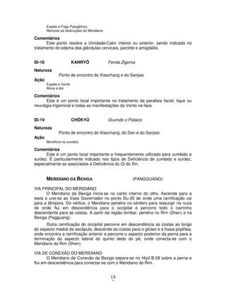 15
2
Expele o Fogo Patogênico
Remove as obstruções do Meridiano
Comentários
Este ponto resolve a Umidade-Calor interior ou exterior, sendo indicado no
tratamento do edema das glândulas cervicais, parotite e amigdalite.
ID-18 KANRYÔ Fenda Zigoma
Natureza
Ponto de encontro do Xiaochang e do Sanjiao
Ação
Expele o Vento
Alivia a dor
Comentários
Este é um ponto local importante no tratamento da paralisia facial, tique ou
neuralgia trigeminal e todas as manifestações do Vento na face.
ID-19 CHÔKYÛ Ouvindo o Palácio
Natureza
Ponto de encontro do Xiaochang, do Dan e do Sanjiao
Ação
Beneficia os ouvidos
Comentários
Este é um ponto local importante e frequentemente utilizado para zumbido e
surdez. É particularmente indicado nos tipos de Deficiência de zumbido e surdez,
especialmente se associados à Deficiência do Qi do Xin.
MERIDIANO DA BEXIGA (PANGGUANG)
VIA PRINCIPAL DO MERIDIANO
O Meridiano da Bexiga inicia-se no canto interno do olho. Ascende para a
testa e une-se ao Vaso Governador no ponto Du-20 de onde uma ramificação vai
para a têmpora. Do vértice, o Meridiano penetra no cérebro para ressurgir na nuca
de onde flui em descendência para o occipital e percorre todo o caminho
descendente para as costas. A partir da região lombar, penetra no Rim (Shen) e na
Bexiga (Pagguang).
Outra ramificação do occipital percorre em descendência as costas ao longo
do aspecto medial da escápula, descende as costas para o glúteo e a fossa poplítea,
onde encontra a ramificação anterior e percorre o aspecto posterior da perna para a
terminação do aspecto lateral do quinto dedo do pé, onde conecta-se com o
Meridiano do Rim (Shen).
VIA DE CONEXÃO DO MERIDIANO
O Meridiano de Conexão da Bexiga separa-se no Hiyô B-58 sobre a perna e
flui em descendência para conectar-se com o Meridiano do Rim.
 