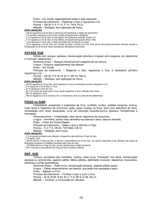 16
Pulso -- Em Corda, especialmente sobre o lado esquerdo.
Princípio de tratamento -- Dispersar o Gan e regularizar o Qi
Pontos -- VB-34, F-3, F-13, F-14, TA-6, PC-6
Método -- Sedação, sem aplicação de moxa.
EXPLANAÇÃO
_ VB-34 regulariza o Qi do Gan e influencia principalmente a região do hipocôndrio.
_ F-3 também regulariza o Qi do Gan e afeta principalmente a garganta.
_ F-13 regulariza o Qi do Gan no Jiao Médio, principalmente quando invade o Pi.
_ F-14 regulariza o Qi do Gan no Jiao Médio, principalmente quando afeta o Wei.
_ Ta-6 regulariza o Qi do Gan e afeta principalmente as laterais do corpo.
_ PC-6 regulariza o Qi do Gan (em virtude de estar no Nível Jue Yin). Este ponto seria particularmente indicado quando a
Estagnação do Qi do Gan fosse causada por alterações emocionais.
ESTASE XUE
Vômito com sangue, epistaxe, menstruação dolorida e irregular com coágulos, dor abdominal
e "tumores" abdominais.
Sintomas-chave -- Sangue menstrual com coágulos de cor escura.
Língua -- Púrpura, especialmente nas laterais.
Pulso -- Em Corda.
Princípio de tratamento -- Dispersar o Gan, regularizar o Xue, é necessário primeiro
regularizar o Qi.
Pontos -- VB-34, F-3, B-18, B-17, BP-10, Ren-6
Método -- Sedação, sem aplicação de moxa.
EXPLANAÇÃO
_ VB-34 regulariza o Qi do Gan; para regularizar o Xue, é necessário primeiro regularizar o Qi.
_ F-3 regulariza o Qi do Gan e o Xue.
_ B-18 regulariza o Xue do Gan.
_ B-17 é o ponto de União para o Xue e pode regularizar o Xue (utilizado sem moxa).
_ BP-10 regulariza o Xue.
_ Ren-6 regulariza o Qi (e tonifica o Qi), e movimenta o Xue (no caso de dor abdominal).
FOGO no GAN
Irritabilidade, propensão a explosões de fúria, zumbido, surdez, cefaléia temporal, tontura,
rubor facial e hiperemia da conjuntiva, sede, gosto amargo na boca, sono com distúrbios do sono,
constipação com fezes ressecadas, urina de coloração amarela-escura, epistaxe, hematêmese e
hemoptise.
Sintomas-chave -- Irritabilidade, rubor facial, hiperemia da conjuntiva.
Língua -- Vermelha, sendo mais vermelha nas laterais e seca, saburra amarela.
Pulso -- Cheio em Corda-Rápido.
Princípio de tratamento -- Sedar o Gan e eliminar o Fogo.
Pontos -- F-2, F-3, VB-20, TAIYANG, VB-13
Método -- Sedação, sem moxa.
EXPLANAÇÃO
_ F-2 é o ponto principal a ser utilizado: é específico para eliminar o Fogo do Gan.
_ F-3 seda o Gan.
_ VB-20 elimina o Fogo do Gan e domina a Ascendência do Qi do Gan. Um ponto importante a ser utilizado nos casos de
alterações oculares ou cefaléias causadas pelo Fogo do Gan.
_ TAIYANG elimina o Fogo do Gan, sendo utilizado para cefaléia temporal.
_ VB-13 domina a ascendência do Yang do Gan e acalma a Mente.
DEF. XUE
Tontura, parestesia dos membros, insônia, visão turva, "flutuação" nos olhos, menstruação
escassa ou amenorréia, aspecto pálido, lábios pálidos, debilidade muscular, espasmos musculares,
câimbras e unhas quebradiças.
Sintomas-chave -- Visão turva, menstruação escassa, aspecto pálido-opaco.
Língua -- Pálida especialmente nas laterais, que pode ficar alarajada e seca.
Pulso -- Agitado ou Fino.
Princípio de tratamento -- Tonificar o Gan e nutrir o Xue.
Pontos -- B-18, B-20, B-23, B-17, F-8, BP-6, E-36, Ren-4
Método -- Tonificar; a moxa pode ser utilizada.
 