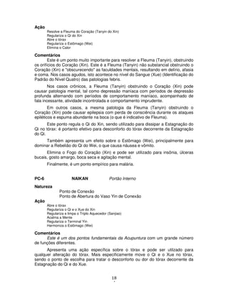18
4
Ação
Resolve a Fleuma do Coração (Tanyin do Xin)
Regulariza o Qi do Xin
Abre o tórax
Regulariza o Estômago (Wei)
Elimina o Calor
Comentários
Este é um ponto muito importante para resolver a Fleuma (Tanyin), obstruindo
os orifícios do Coração (Xin). Este é a Fleuma (Tanyin) não substancial obstruindo o
Coração (Xin) e "obscurecendo" as faculdades mentais, resultando em delírio, afasia
e coma. Nos casos agudos, isto acontece no nível do Sangue (Xue) (Identificação do
Padrão do Nível Quatro) das patologias febris.
Nos casos crônicos, a Fleuma (Tanyin) obstruindo o Coração (Xin) pode
causar patologia mental, tal como depressão maníaca com períodos de depressão
profunda alternando com períodos de comportamento maníaco, acompanhado de
fala incessante, atividade incontrolada e comportamento imprudente.
Em outros casos, a mesma patologia da Fleuma (Tanyin) obstruindo o
Coração (Xin) pode causar epilepsia com perda de consciência durante os ataques
epiléticos e espuma abundante na boca (o que é indicativo de Fleuma).
Este ponto regula o Qi do Xin, sendo utilizado para dissipar a Estagnação do
Qi no tórax: é portanto efetivo para desconforto do tórax decorrente da Estagnação
do Qi.
Também apresenta um efeito sobre o Estômago (Wei), principalmente para
dominar a Rebelião do Qi do Wei, o que causa náusea e vômito.
Elimina o Fogo do Coração (Xin) e pode ser utilizado para insônia, úlceras
bucais, gosto amargo, boca seca e agitação mental.
Finalmente, é um ponto empírico para malária.
PC-6 NAIKAN Portão Interno
Natureza
Ponto de Conexão
Ponto de Abertura do Vaso Yin de Conexão
Ação
Abre o tórax
Regulariza o Qi e o Xue do Xin
Regulariza e limpa o Triplo Aquecedor (Sanjiao)
Acalma a Mente
Regulariza o Terminal Yin
Harmoniza o Estômago (Wei)
Comentários
Este é um dos pontos fundamentais da Acupuntura com um grande número
de funções diferentes.
Apresenta uma ação específica sobre o tórax e pode ser utilzado para
qualquer alteração do tórax. Mais especificamente move o Qi e o Xue no tórax,
sendo o ponto de escolha para tratar o desconforto ou dor do tórax decorrente da
Estagnação do Qi e do Xue.
 