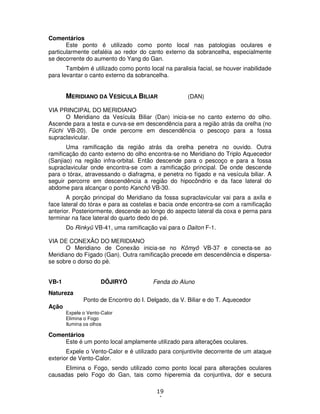 19
4
Comentários
Este ponto é utilizado como ponto local nas patologias oculares e
particularmente cefaléia ao redor do canto externo da sobrancelha, especialmente
se decorrente do aumento do Yang do Gan.
Também é utilizado como ponto local na paralisia facial, se houver inabilidade
para levantar o canto externo da sobrancelha.
MERIDIANO DA VESÍCULA BILIAR (DAN)
VIA PRINCIPAL DO MERIDIANO
O Meridiano da Vesícula Biliar (Dan) inicia-se no canto externo do olho.
Ascende para a testa e curva-se em descendência para a região atrás da orelha (no
Fûchi VB-20). De onde percorre em descendência o pescoço para a fossa
supraclavicular.
Uma ramificação da região atrás da orelha penetra no ouvido. Outra
ramificação do canto externo do olho encontra-se no Meridiano do Triplo Aquecedor
(Sanjiao) na região infra-orbital. Então descende para o pescoço e para a fossa
supraclavicular onde encontra-se com a ramificação principal. De onde descende
para o tórax, atravessando o diafragma, e penetra no fígado e na vesícula biliar. A
seguir percorre em descendência a região do hipocôndrio e da face lateral do
abdome para alcançar o ponto Kanchô VB-30.
A porção principal do Meridiano da fossa supraclavicular vai para a axila e
face lateral do tórax e para as costelas e bacia onde encontra-se com a ramificação
anterior. Posteriormente, descende ao longo do aspecto lateral da coxa e perna para
terminar na face lateral do quarto dedo do pé.
Do Rinkyû VB-41, uma ramificação vai para o Daiton F-1.
VIA DE CONEXÃO DO MERIDIANO
O Meridiano de Conexão inicia-se no Kômyô VB-37 e conecta-se ao
Meridiano do Fígado (Gan). Outra ramificação precede em descendência e dispersa-
se sobre o dorso do pé.
VB-1 DÔJIRYÔ Fenda do Aluno
Natureza
Ponto de Encontro do I. Delgado, da V. Biliar e do T. Aquecedor
Ação
Expele o Vento-Calor
Elimina o Fogo
Ilumina os olhos
Comentários
Este é um ponto local amplamente utilizado para alterações oculares.
Expele o Vento-Calor e é utilizado para conjuntivite decorrente de um ataque
exterior de Vento-Calor.
Elimina o Fogo, sendo utilizado como ponto local para alterações oculares
causadas pelo Fogo do Gan, tais como hiperemia da conjuntiva, dor e secura
 