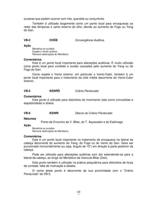 19
5
oculares que podem ocorrer com irite, queratite ou conjuntivite.
Também é utilizado largamente como um ponto local para enxaquecas ao
redor das têmporas e canto externo do olho, devido ao aumento do Fogo ou Yang
do Gan.
VB-2 CHÔE Convergência Auditiva
Ação
Beneficia os ouvidos
Expele o Vento exterior
Remove obstruções do Meridiano
Comentários
Este é um ponto local importante para alterações auditivas. É muito utilizado
como ponto local para zumbido e surdez causados pelo aumento do Yang ou do
Fogo do Gan.
Como expele o Vento exterior, em particular o Vento-Calor, também é um
ponto local importante para o tratamento da otite média decorrente do Vento-Calor
exterior.
VB-5 KENRÔ Crânio Pendurado
Comentários
Este ponto é utilizado para distúrbios do movimento (tais como convulsões e
espasticidade) e afasia.
VB-6 KENRI Desvio do Crânio Pendurado
Natureza
Ponto de Encontro da V. Biliar, do T. Aquecedor e do Estômago
Ação
Beneficia os ouvidos
Remove obstruções do Meridiano
Comentários
Este é um ponto local importante no tratamento de enxaqueca na lateral da
cabeça decorrente do aumento do Yang, do Fogo ou do Vento do Gan. Deve ser
puncionado horizontalmente (ou seja, ângulo de 15*) em direção à parte posterior da
cabeça.
Pode ser utilizado para alterações auditivas com dor estendendo-se para a
lateral da cabeça, ao longo do Meridiano da Vesícula Biliar (Dan).
Este ponto também é utilizado na prática psiquiátrica para distúrbios de força
de vontade, falta de motivação e dislalia.
O nome deste ponto é decorrente da sua proximidade com o "Crânio
Pendurado" do VB-5.
 