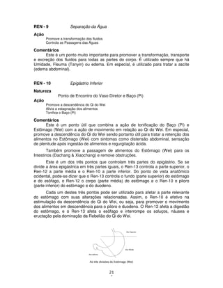 21
6
REN - 9 Separação da Água
Ação
Promove a transformação dos fluidos
Controla as Passagens das Águas
Comentários
Este é um ponto muito importante para promover a transformação, transporte
e excreção dos fluidos para todas as partes do corpo. É utilizado sempre que há
Umidade, Fleuma (Tanyin) ou edema. Em especial, é utilizado para tratar a ascite
(edema abdominal).
REN - 10 Epigástrio Inferior
Natureza
Ponto de Encontro do Vaso Diretor e Baço (Pi)
Ação
Promove a descendência do Qi do Wei
Alivia a estagnação dos alimentos
Tonifica o Baço (Pi)
Comentários
Este é um ponto útil que combina a ação de tonificação do Baço (Pi) e
Estômago (Wei) com a ação de movimento em relação ao Qi do Wei. Em especial,
promove a descendência do Qi do Wei sendo portanto útil para tratar a retenção dos
alimentos no Estômago (Wei) com sintomas como distensão abdominal, sensação
de plenitude após ingestão de alimentos e regurgitação ácida.
Também promove a passagem de alimentos do Estômago (Wei) para os
Intestinos (Dachang & Xiaochang) e remove obstruções.
Este é um dos três pontos que controlam três partes do epigástrio. Se se
divide a área epigástrica em três partes iguais, o Ren-13 controla a parte superior, o
Ren-12 a parte média e o Ren-10 a parte inferior. Do ponto de vista anatômico
ocidental, pode-se dizer que o Ren-13 controla o fundo (parte superior) do estômago
e do esôfago, o Ren-12 o corpo (parte média) do estômago e o Ren-10 o piloro
(parte inferior) do estômago e do duodeno.
Cada um destes três pontos pode ser utilizado para afetar a parte relevante
do estômago com suas alterações relacionadas. Assim, o Ren-10 é efetivo na
estimulação da descendência do Qi do Wei, ou seja, para promover o movimento
dos alimentos em descendência para o piloro e duodeno. O Ren-12 afeta a digestão
do estômago, e o Ren-13 afeta o esôfago e interrompe os soluços, náusea e
eructação pela dominação da Rebelião do Qi do Wei.
As três divisões do Estômago (Wei)
 