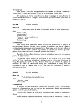 22
4
Comentários
Este ponto é utilizado principalmente para libertar o Exterior e eliminar o
Vento-Calor. É usado nos estágios iniciais de um ataque de Vento-Calor.
Em particular, é efetivo para eliminar o Calor no estágio do Yang Mínimo do
Padrão de Identificação do Estágio 6, sinal cardinal que consiste na alternância de
febre com calafrios.
DU - 14 Grande Vértebra
Natureza
Ponto de Encontro do Vaso Governador, Bexiga, V. Biliar e Estômago
Ação
Elimina o Calor
Liberta o Exterior
Expele o Vento
Regulariza o Qi Nutritivo e Defensivo
Desobstrui a Mente
Tonifica o Yang
Comentários
Este ponto pode apresentar efeitos opostos de acordo com o método de
punção usado. Quando utilizado com o método de sedação, ele liberta o Exterior
sendo utilizado nos ataques exteriores de Vento-Calor: este ponto libertará o Exterior
e eliminará o Vento-Calor. Também regulariza o Qi Defensivo e Nutritivo quando a
pessoa for atacada pelo Vento exterior e apresentar sudorese.
Também elimina o Calor interior e pode ser utilizado virtualmente em qualquer
padrão de Calor interior.
Se utilizado com o método de tonificação e, em especial, com moxa direta,
tonifica o Yang e pode ser utilizado em qualquer padrão interior da Deficiência do
Yang. Em particular, tonifica o Yang do Xin. Uma vez que também é o ponto de
encontro de todos os Meridianos Yang que transportam o Yang puro em
ascendência para a cabeça, este ponto pode também desobstruir a Mente e
estimular o cérebro.
DU - 15 Portão da Mudez
Natureza
Ponto do Vaso Yang de Conexão
Ação
Desobstrui a Mente
Estimula a fala
Comentários
A principal função deste ponto consiste em estimular a fala. É utilizado para
promover a faculdade da fala em crianças que apresentam dislalia ou nos adultos
após o Acidente Vascular Encefálico.
Utilizado com método de tonificação, também nutre o cérebro e desobstrui a
Mente.
Muitos relatos extraordinários foram feitos durante a Revolução Cultural na
 