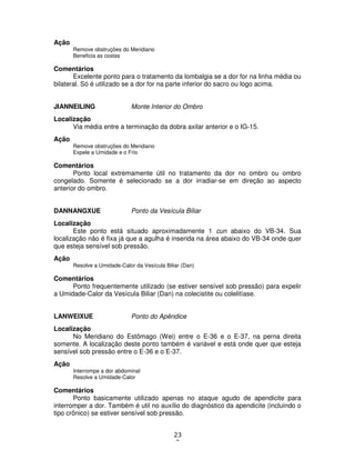 23
2
Ação
Remove obstruções do Meridiano
Beneficia as costas
Comentários
Excelente ponto para o tratamento da lombalgia se a dor for na linha média ou
bilateral. Só é utilizado se a dor for na parte inferior do sacro ou logo acima.
JIANNEILING Monte Interior do Ombro
Localização
Via média entre a terminação da dobra axilar anterior e o IG-15.
Ação
Remove obstruções do Meridiano
Expele a Umidade e o Frio
Comentários
Ponto local extremamente útil no tratamento da dor no ombro ou ombro
congelado. Somente é selecionado se a dor irradiar-se em direção ao aspecto
anterior do ombro.
DANNANGXUE Ponto da Vesícula Biliar
Localização
Este ponto está situado aproximadamente 1 cun abaixo do VB-34. Sua
localização não é fixa já que a agulha é inserida na área abaixo do VB-34 onde quer
que esteja sensível sob pressão.
Ação
Resolve a Umidade-Calor da Vesícula Biliar (Dan)
Comentários
Ponto frequentemente utilizado (se estiver sensível sob pressão) para expelir
a Umidade-Calor da Vesícula Biliar (Dan) na colecistite ou colelitíase.
LANWEIXUE Ponto do Apêndice
Localização
No Meridiano do Estômago (Wei) entre o E-36 e o E-37, na perna direita
somente. A localização deste ponto também é variável e está onde quer que esteja
sensível sob pressão entre o E-36 e o E-37.
Ação
Interrompe a dor abdominal
Resolve a Umidade-Calor
Comentários
Ponto basicamente utilizado apenas no ataque agudo de apendicite para
interromper a dor. Também é util no auxílio do diagnóstico da apendicite (incluindo o
tipo crônico) se estiver sensível sob pressão.
 