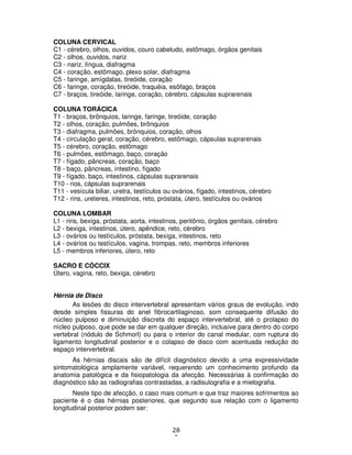 28
2
COLUNA CERVICAL
C1 - cérebro, olhos, ouvidos, couro cabeludo, estômago, órgãos genitais
C2 - olhos, ouvidos, nariz
C3 - nariz, língua, diafragma
C4 - coração, estômago, plexo solar, diafragma
C5 - faringe, amígdalas, tireóide, coração
C6 - faringe, coração, tireóide, traquéia, esôfago, braços
C7 - braços, tireóide, laringe, coração, cérebro, cápsulas suprarenais
COLUNA TORÁCICA
T1 - braços, brônquios, laringe, faringe, tireóide, coração
T2 - olhos, coração, pulmões, brônquios
T3 - diafragma, pulmões, brônquios, coração, olhos
T4 - circulação geral, coração, cérebro, estômago, cápsulas suprarenais
T5 - cérebro, coração, estômago
T6 - pulmões, estômago, baço, coração
T7 - fígado, pâncreas, coração, baço
T8 - baço, pâncreas, intestino, fígado
T9 - fígado, baço, intestinos, cápsulas suprarenais
T10 - rios, cápsulas suprarenais
T11 - vesícula biliar, uretra, testículos ou ovários, fígado, intestinos, cérebro
T12 - rins, ureteres, intestinos, reto, próstata, útero, testículos ou ovários
COLUNA LOMBAR
L1 - rins, bexiga, próstata, aorta, intestinos, peritônio, órgãos genitais, cérebro
L2 - bexiga, intestinos, útero, apêndice, reto, cérebro
L3 - ovários ou testículos, próstata, bexiga, intestinos, reto
L4 - ovários ou testículos, vagina, trompas, reto, membros inferiores
L5 - membros inferiores, útero, reto
SACRO E CÓCCIX
Útero, vagina, reto, bexiga, cérebro
Hérnia de Disco
As lesões do disco intervertebral apresentam vários graus de evolução, indo
desde simples fissuras do anel fibrocartilaginoso, som consequente difusão do
núcleo pulposo e diminuição discreta do espaço intervertebral, até o prolapso do
nícleo pulposo, que pode se dar em qualquer direção, inclusive para dentro do corpo
vertebral (nódulo de Schmorl) ou para o interior do canal medular, com ruptura do
ligamento longitudinal posterior e o colapso de disco com acentuada redução do
espaço intervertebral.
As hérnias discais são de difícil diagnóstico devido a uma expressividade
sintomatológica amplamente variável, requerendo um conhecimento profundo da
anatomia patológica e da fisiopatologia da afecção. Necessárias à confirmação do
diagnóstico são as radiografias contrastadas, a radisulografia e a mielografia.
Neste tipo de afecção, o caso mais comum e que traz maiores sofrimentos ao
paciente é o das hérnias posteriores, que segundo sua relação com o ligamento
longitudinal posterior podem ser:
 