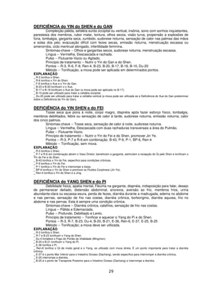 29
DEFICIÊNCIA do YIN do SHEN e do GAN
Compleição pálida, sefaléia surda occipital ou vertical, insônia, sono com sonhos inquietantes,
parestesia dos membros, rubor malar, tontura, olhos secos, visão turva, propensão a explosões de
fúria, lombalgia, garganta seca, zumbido, sudorese noturna, sensação de calor nas palmas das mãos
e solas dos pés; evacuação difícil com fezes secas, emissão noturna, menstruação escassa ou
amenorréia, ciclo mentrual alongado, infertilidade feminina.
Sintomas-chave -- Olhos e gargantas secos, sudorese noturna, menstruação escassa.
Língua -- Vermelha, Descascada e rachada.
Pulso -- Flutuante-Vazio ou Agitado.
Princípio de tratamento -- Nutrir o Yin do Gan e do Shen.
Pontos -- R-3, R-6, F-8, Ren-4, B-23, B-20, B-17, B-18, B-10, Du-20
Método -- Tonificação, a moxa pode ser aplicada em determinados pontos.
EXPLANAÇÃO
_ R-3 tonifica o Shen.
_ R-6 tonifica o Yin do Shen.
_ F-8 tonifica o Xue e o Yin do Gan.
_ B-23 e B-20 tonificam o o Xue.
_ B-17 e B-18 tonificam o Xue do Gan (a moxa pode ser aplicada no B-17).
_ B-10 pode ser utilizado para tratar a cefaléia occipital.
_ Du-20 pode ser utilizado para tratar a cefaléia vertical (a moxa pode ser utilizada se a Deficiência do Xue do Gan predominar
sobre a Deficiência do Yin do Gan).
DEFICIÊNCIA do YIN SHEN e do FEI
Tosse seca que piora à noite, corpo magro, dispnéia após fazer esforço físico, lombalgia,
membros debilitados, febre ou sensação de calor à tarde, sudorese noturna, emissão noturna, calor
dos cinco palmos.
Sintomas-chave -- Tosse seca, sensação de calor à noite, sudorese noturna.
Língua -- Vermelha, Descascada com duas rachaduras transversais a área do Pulmão.
Pulso -- Flutuante-Vazio.
Princípio de tratamento -- Nutrir o Yin do Fei e do Shen, promover Jin Ye.
Pontos -- R-3, P-7 e R-6 em combinação. B-43, P-9, P-1, BP-6, Ren-4
Método -- Tonificação, sem moxa.
EXPLANAÇÃO
_ R-3 tonifica o Shen.
_ P-7 e R-6 em combinação abrem o Vaso Diretor, beneficiam a garganta, estimulam a recepção do Qi pelo Shen e tonificam o
Yin do Fei e do Shen.
_ B-43 tonifica o Yin do Fei, específico para condições crônicas.
_ P-9 tonifica o Yin do Fei.
_ P-1 tonifica o Yin do Fei e interrompe a tosse.
_ BP-6 tonifica o Yin do Shen e promove os Fluidos Corpóreos (Jin Ye).
_ Ren-4 tonifica o Yin do Shen e a Jing.
DEFICIÊNCIA do YANG SHEN e do PI
Debilidade física, apatia mental, Fleuma na garganta, dispnéia, indisposição para falar, desejo
de permanecer deitado, distensão abdominal, anorexia, aversão ao frio, membros frios, urina
abundante-clara ou escassa-esura, perda de fezes, diarréia durante a madrugada, edema no abdome
e nas pernas, sensação de frio nas costas, diarréia crônica, borborigmo, diarréia aquosa, frio no
abdome e nas pernas. Esta é sempre uma condição crônica.
Sintomas-chave -- Diarréia crônica, calafrios, sensação de frio nas costas.
Língua -- Pálida e Edemaciada.
Pulso -- Profundo, Debilitado e Lento.
Princípio de tratamento -- Tonificar e aquecer o Yang do Pi e do Shen.
Pontos -- R-3, R-7, B-23, Du-4, B-20, B-21, E-36, Ren-6, E-37, E-25, B-25
Método -- Tonificação; a moxa deve ser utilizada.
EXPLANAÇÃO
_ R-3 tonifica o Shen.
_ R-7 e B-23 tonificam o Yang do Shen.
_ Du-4 fortalece o Fogo do Portão da Vitalidade (Mingmen).
_ B-20 e B-21 tonificam o Yang do Pi.
_ E-36 tonifica o Pi.
_ Ren-6 tonifica o Qi de modo geral e o Yang, se utilizado com moxa direta. É um ponto importante para tratar a diarréia
crônica.
_ E-37 é o ponto Mar Inferior para o Intestino Grosso (Dachang), sendo específico para interromper a diarréia crônica.
_ E-25 interrompe a diarréia.
_ B-25 é o ponto de Transporte Posterior para o Intestino Grosso (Dachang) e interrompe a diarréia.
 