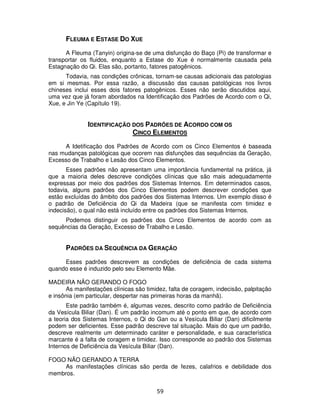 59
FLEUMA E ESTASE DO XUE
A Fleuma (Tanyin) origina-se de uma disfunção do Baço (Pi) de transformar e
transportar os fluidos, enquanto a Estase do Xue é normalmente causada pela
Estagnação do Qi. Elas são, portanto, fatores patogênicos.
Todavia, nas condições crônicas, tornam-se causas adicionais das patologias
em si mesmas. Por essa razão, a discussão das causas patológicas nos livros
chineses inclui esses dois fatores patogênicos. Esses não serão discutidos aqui,
uma vez que já foram abordados na Identificação dos Padrões de Acordo com o Qi,
Xue, e Jin Ye (Capítulo 19).
IDENTIFICAÇÃO DOS PADRÕES DE ACORDO COM OS
CINCO ELEMENTOS
A Idetificação dos Padrões de Acordo com os Cinco Elementos é baseada
nas mudanças patológicas que ocorem nas disfunções das sequências da Geração,
Excesso de Trabalho e Lesão dos Cinco Elementos.
Esses padrões não apresentam uma importância fundamental na prática, já
que a maioria deles descreve condições clínicas que são mais adequadamente
expressas por meio dos padrões dos Sistemas Internos. Em determinados casos,
todavia, alguns padrões dos Cinco Elementos podem descrever condições que
estão excluídas do âmbito dos padrões dos Sistemas Internos. Um exemplo disso é
o padrão de Deficiência do Qi da Madeira (que se manifesta com timidez e
indecisão), o qual não está incluído entre os padrões dos Sistemas Internos.
Podemos distinguir os padrões dos Cinco Elementos de acordo com as
sequências da Geração, Excesso de Trabalho e Lesão.
PADRÕES DA SEQUÊNCIA DA GERAÇÃO
Esses padrões descrevem as condições de deficiência de cada sistema
quando esse é induzido pelo seu Elemento Mãe.
MADEIRA NÃO GERANDO O FOGO
As manifestações clínicas são timidez, falta de coragem, indecisão, palpitação
e insônia (em particular, despertar nas primeiras horas da manhã).
Este padrão também é, algumas vezes, descrito como padrão de Deficiência
da Vesícula Biliar (Dan). É um padrão incomum até o ponto em que, de acordo com
a teoria dos Sistemas Internos, o Qi do Gan ou a Vesícula Biliar (Dan) dificilmente
podem ser deficientes. Esse padrão descreve tal situação. Mais do que um padrão,
descreve realmente um determinado caráter e personalidade, e sua característica
marcante é a falta de coragem e timidez. Isso corresponde ao padrão dos Sistemas
Internos de Deficiência da Vesícula Biliar (Dan).
FOGO NÃO GERANDO A TERRA
As manifestações clínicas são perda de fezes, calafrios e debilidade dos
membros.
 