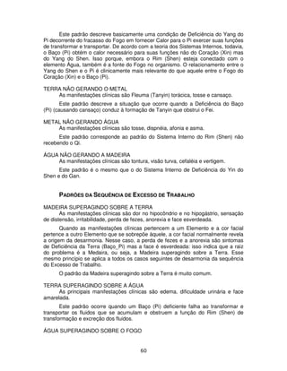 60
Este padrão descreve basicamente uma condição de Deficiência do Yang do
Pi decorrente do fracasso do Fogo em fornecer Calor para o Pi exercer suas funções
de transformar e transportar. De acordo com a teoria dos Sistemas Internos, todavia,
o Baço (Pi) obtém o calor necessário para suas funções não do Coração (Xin) mas
do Yang do Shen. Isso porque, embora o Rim (Shen) esteja conectado com o
elemento Água, também é a fonte do Fogo no organismo. O relacionamento entre o
Yang do Shen e o Pi é clinicamente mais relevante do que aquele entre o Fogo do
Coração (Xin) e o Baço (Pi).
TERRA NÃO GERANDO O METAL
As manifestações clínicas são Fleuma (Tanyin) torácica, tosse e cansaço.
Este padrão descreve a situação que ocorre quando a Deficiência do Baço
(Pi) (causando cansaço) conduz à formação de Tanyin que obstrui o Fei.
METAL NÃO GERANDO ÁGUA
As manifestações clínicas são tosse, dispnéia, afonia e asma.
Este padrão corresponde ao padrão do Sistema Interno do Rim (Shen) não
recebendo o Qi.
ÁGUA NÃO GERANDO A MADEIRA
As manifestações clínicas são tontura, visão turva, cefaléia e vertigem.
Este padrão é o mesmo que o do Sistema Interno de Deficiência do Yin do
Shen e do Gan.
PADRÕES DA SEQUÊNCIA DE EXCESSO DE TRABALHO
MADEIRA SUPERAGINDO SOBRE A TERRA
As manifestações clínicas são dor no hipocôndrio e no hipogástrio, sensação
de distensão, irritabilidade, perda de fezes, anorexia e face esverdeada.
Quando as manifestações clínicas pertencem a um Elemento e a cor facial
pertence a outro Elemento que se sobrepõe àquele, a cor facial normalmente revela
a origem da desarmonia. Nesse caso, a perda de fezes e a anorexia são sintomas
de Deficiência da Terra (Baço_Pi) mas a face é esverdeada: isso indica que a raiz
do problema é a Medaira, ou seja, a Madeira superagindo sobre a Terra. Esse
mesmo princípio se aplica a todos os casos seguintes de desarmonia da sequência
do Excesso de Trabalho.
O padrão da Madeira superagindo sobre a Terra é muito comum.
TERRA SUPERAGINDO SOBRE A ÁGUA
As principais manifestações clínicas são edema, dificuldade urinária e face
amarelada.
Este padrão ocorre quando um Baço (Pi) deficiente falha ao transformar e
transportar os fluidos que se acumulam e obstruem a função do Rim (Shen) de
transformação e excreção dos fluidos.
ÁGUA SUPERAGINDO SOBRE O FOGO
 