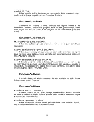 66
ATAQUE DE FRIO
Febre, aversão ao frio, rigidez no pescoço, cefaléia, dores severas no corpo,
ausência de sudorese, dispnéia, e pulso Flutuante e Apertado.
ESTÁGIO DO YANG MÍNIMO
Alternância de calafrios e febre, plenitude das regiões costais e do
hipocôndrio, anorexia, irritabilidade, garganta seca, náusea, gosto amargo, visão
turva, língua com saburra branca e escorregadia de um único lado e pulso em
Corda.
ESTÁGIO DO YANG BRILHANTE
MANIFESTAÇÕES CLÍNICAS GERAIS
Febre alta, sudorese profusa, aversão ao calor, sede e pulso com Fluxo
Abundante.
PADRÃO DO MERIDIANO DO YANG BRILHANTE
Febre alta, sudorese profusa, aversão ao calor, sede com desejo de ingerir
água fria, rubor facial, agitação, língua Vermelha com saburra amarela e pulso com
Fluxo Abundante e Rápido.
PADRÃO DO SISTEMA DO YANG BRILHANTE
Febre alta que piora à tarde, sudorese profusa, constipação, sede com desejo
de ingerir água fria, plenitude e dor abdominal que piora com a pressão, agitação e
irritabilidade, nos casos severos ocorre delírio, língua Vermelha, com saburra seca
amarela ou preta e pulso Profundo e Cheio.
ESTÁGIO DO YIN MÁXIMO
Plenitude abdominal, vômito, anorexia, diarréia, ausência de sede, língua
Pálida e pulso Lento e Profundo.
ESTÁGIO DO YIN MÍNIMO
PADRÃO DE FRIO DO YIN MÍNIMO
Calafrios, aversão ao frio, apatia, letargia, membros frios, diarréia, ausência
de sede ou desejo de ingerir líquidos quentes, urina pálida e abundante, língua
Pálida e pulso Fino e Profundo.
PADRÂO DE CALOR DO YIN MÍNIMO
Febre, irritabilidade, insônia, boca e garganta secas, urina escassa e escura,
língua Vermelha sem saburra e pulso Rápido e Fino.
 