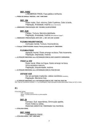 7
DEF. YANG
+ MEMBROS FRIOS, Face pálida e brilhante.
---> PERDA DE SANGUE, TRISTEZA, + DEF. YANG SHEN
DEF. YIN
Rubor malar, Sud. noturna, Calor 5 palmos, Calor à tarde,
Palpitação, Ansiedade, Insônia (sono intermitente).
---> ANSIEDADE E PREOCUPAÇÃO, DEF. YIN SHEN, CALOR EXTERIOR
DEF. XUE
Palidez, Tontura, Memória debilitada,
Palpitação, Ansiedade, Insônia (dificuldade de "pegar")
---> ANSIEDADE E PREOCUPAÇÃO, DIETA DEF. => DEF. QI PI, DEF. QI SHEN
FLEUMA INSUBSTANCIAL
Confusão mental, Tontura, Inconsciência.
---> Crianças: CONSTITUCIONAL Adultos: Fleuma produzida pelo PI + EMOCIONAL
FLEUMA-FOGO
Agitação mental, Gosto amargo na boca, Fala incoerente,
Palpitação, Depressão, Insônia.
---> ALTERAÇÃO EMOCIONAL leva a ESTAGNAÇÃO ZONG QI, DIETA QUENTE E GORDUROSA
FOGO no XIN
Rubor facial, Aftas na língua, Gosto amargo na boca,
Urina escassa e escura,
Palpitação, Impulsividade, Insônia.
---> ALTERAÇÃO EMOCIONAL leva a ESTAGNAÇÃO ZONG QI, FOGO NO GAN
ESTASE XUE
Dor em pontada irradiando, Lábios cianóticos (roxeados),
Palpitação, Membros frios.
---> ALTERAÇÃO EMOCIONAL leva a ESTAGNAÇÃO ZONG QI, DEF. YANG XIN, FOGO XIN
Obs: Pode ser insuficiência cardíaca >>> ir ao Cardiologista. Angina psicogênica pode desencadear Estase de XUE e infarte.
P I
ETIOLOGIA GERAL
* FPE : Umidade Exterior
* Mente : Excesso pensamentos ou preocupações
* Dieta
DEF. QI
Cansaço, Sud. espontânea, Diminuição apetite,
Fezes moles ou soltas,
Distensão abdominal, Debilidade nos membros.
---> ETIOLOGIA GERAL
DEF. YANG
+ MEMBROS FRIOS
---> ETIOLOGIA GERAL + DEF. YANG SHEN
 
