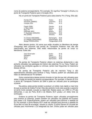 90
nome do sistema correspondente. Por exemplo, Xin significa "Coração" e Xinshu é o
ponto de Transporte Posterior para o Coração (Xin).
Há um ponto de Transporte Posterior para cada sistema Yin e Yang. Eles são:
Pulmão (FEI) Feishu B-13
Pericárdio (XINBAO) Jueyinshu B-14
Coração (XIN) Xinshu B-15
Fígado (GAN) Ganshu B-18
V. Biliar (DAN) Danshu B-19
Baço (PI) Pishu B-20
Estômago (WEI) Weishu B-21
T. Aquecedor (SANJIAO) Sanjiaoshu B-22
Rim (SHEN) Shenshu B-23
Int. Grosso (DACHANG) Dachangshu B-25
Int. Delgado (XIAOCHANG) Xiaochangshu B-27
Bexiga (PANGGUANG) Pangguangshu B-28
Além desses pontos, há outros que estão situados no Meridiano da bexiga
(Panguang) bem próximos aos pontos de Transporte Posterior mas não são
relacionados aos sistemas. Eles estão relacionados às partes do corpo ou
Meridianos. Estes são:
Vaso Governador Dushu B-16
Diafragma Geshu B-17
Sacro Zhonglushu B-29
Ânus Baihuanshu B-30
Os pontos de Transporte Posterior afetam os sistemas diretamente e são
portanto utilizados nas patologias do Interior dos sistemas Yin ou Yang. Podem ser
utilizados nas condições agudas ou crônicas, sendo mais frequentes no tratamento
dessas últimas.
Os pontos de Transporte Posterior são de natureza Yang e são
especialmente utilizados para tonificar o Yang. Todavia, podem ser utilizados para
tratar as Deficiências do Yin também.
Outra característica destes pontos consiste no fato de que são utilizados para
afetar o órgão do sentido do sistema correspondente. Por exemplo, o Ganshu B-18 é
o ponto de Transporte Posterior do GAN e pode ser utilizado para as patologias
oculares.
Na prática, estes pontos tendem a produzir um efeito mais rápido e mais forte
do que os pontos de Coleta Frontal. Eles são portanto muito úteis quando o paciente
se sente muito cansado, exausto ou deprimido. Nestes casos, se o WEI e o PI são
deficientes, o uso do Pishu B-20 e do Weishu B-21 produz um efeito forte de
tonificação.
Embora os pontos de Transporte Posterior sejam utilizados principalmente
para tonificar os sistemas, podem também ser utilizados nos padrões de Excesso
para sedar o Qi. Especificamente, podem ser utilizados para dominar a rebelião do
Qi. Por exemplo, o ponto Weishu B-21 pode ser utilizado para dominar a rebelião do
Qi do Wei no caso de eructação, náusea ou vômito. O ponto Ganshu B-18 pode ser
utilizado para movimentar o Qi estagnado do Gan. Xinshu pode ser utilizado para
 