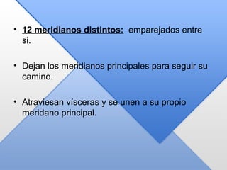 • 12 meridianos distintos: emparejados entre
si.
• Dejan los meridianos principales para seguir su
camino.
• Atraviesan vísceras y se unen a su propio
meridano principal.
 