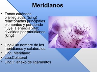 Meridianos
• Zonas cutáneas
privilegiadas (tsing)
relacionadas principales
elementos y por donde
fluye la energía vital;
divididas por meridianos.
(king)
• Jing-Luo nombre de los
meridianos y colaterales.
• Jing: Meridiano
• Luo:Colateral
• Jing ji: anexo de ligamentos
 