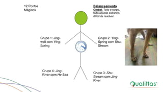 12 Pontos
Mágicos
Grupo 1: Jing-
well com Ying-
Spring
Grupo 4: Jing-
River com He-Sea
Grupo 2: Ying-
Spring com Shu-
Stream
Grupo 3: Shu-
Stream com Jing-
River
Balanceamento
Global. Todo o corpo,
todo aquello estranho,
difícil de resolver.
 