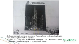 Nesta apresentação vemos o formato de Truss, aplicada nesta construção para
criar uma fundação muito forte e estática.
 YANG, YT, Feng-shui. Fundamental Principles. XVI Traditional Chinese
Veterinary Conference. August 21, 2014. Chaiyi, Taiwan.
 