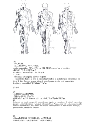 30-
-PULMÕES
-liberar PEITOS e OS OMBROS.
-muito bloqueados= PESAROSA ou OPRIMIDA, ou reprime as emoções
-TOSSE, PELE, AMIGDALA
-ESPIRITO RELAXADO E OTIMISTA
~ (Lu 1)
-localizado fora da parte superior do peito.
-Encontrado abaixo do osso da clavícula e bem fora da caixa torácica em um nível em
torno de dois dedos de largura acima da axila. Fora da terceira coste1a, está, com
freqüência, muito BLOQUEADO e TENSO.
@l (P 2)
29
-INTERIOR dos BRAÇOS
-SUPERIOR DO BRAÇO.
-PULMÃO, MEDO do vento e do frio e PALPITAÇÃO DE MEDO.
P2
Este ponto está situado na superfície interna da parte superior do braço, dentro do músculo bíceps. Sua
posição é similar à do número 24, na parte externa do braço. Para encontrar este ponto, coloque o dedo
indicador no alto da axila. Você notará uma pequena cavidade debaixo da ponta do dedo anular que,
provavelmente, será sensível à pressão
28
-Libera BRAÇOS, COTOVELOS e os OMBROS.
-PROBLEMAS CARDÍACOS E PULMONARES
 
