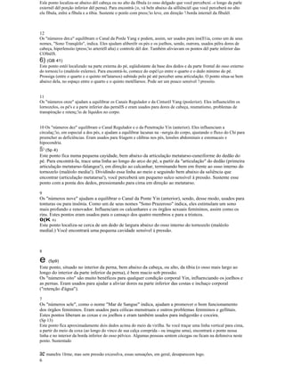 Esle ponto localiza-se abaixo dél cabeça ou no alto da fíbula (o osso delgado que você percebcní c o longo da parle
externél dél porção inferior dél perna). Para encontrá-}o, vá beln abaixo da sélliênciél que você perceberá no alto
ela fíbula, enlre a fíbula e a tíbia. Sustente o ponlo com press;'io leve, em direção ?1borda internél da fíbulél.
12
Os "números dm:e" equilibram o Canal da Ponle Yang e podem, assim, ser usados para ins(ll1ia, como um de seus
nomes, "Sono Tranqüilo", indica. Eles ajudam aliberélr os pés e os joelhos, sendo, outrora, usados pélra dores de
cabeça, hiperlensiío (press;'io arteriéll alta) e controle dél dor. Também aliviavam os pontos dél parte inferior das
COStélS.
6) (GB 41)
Este ponto estéí localizado na parte externa do pé, eqüidistante da base dos dedos e da parte frontal do osso externo
do tornozc1o (maléolo exlerno). Para encontrá-lo, comece do espé1ço entre o quarto e o dedo mínimo do pé.
Prossiga (entre o quarto e o quinto mt'latarsos) subindo pelo pé até perceber uma articulação. O ponto situa-se bem
abaixo dela, no espaço entre o quarto e o quinto metéllarsos. Pode ser um pouco sensível ?1pressiío.
11
Os "números onze" ajudam a equilibrar os Canais Regulador e da Cinturél Yang (poslerior). Eles influenciélm os
lornozelos, os pé's e a parte inferior das pernélS e eram usados para dores de cabeça, reumatismo, problemas de
transpiração e retenç;'io de líquidos no corpo.
10 Os "números dez" equilibram o Canal Regulador e o da Penetração Yin (anterior). Eles influenciam a
circulaç;'io, em especial a dos pés, e ajudam a equilibrar lacunas na ~nergia do corpo, ajustando o fluxo do Chi para
preencher as deficiências. Eram usados para friagem e cãibras nos pés, lensões abdominais e estomacais e
hipocondria.
fIi>(5p 4)
Este ponto fica numa pequena cayidade, bem abaixo da articulação metatarso-cuneiforme do dedão do
pé. Para encontrá-Ia, trace uma linha ao longo do arco do pé, a partir da "articulação" do dedão (primeira
articulação metatarso-falangea!), em direção ao calcanhar, terminando bem em frente ao osso interno do
tornozelo (maléolo media!). Dividindo essa linha ao meio e seguindo bem abaixo da saliência que
encontrar (articulação metatarsa!), você perceberá um pequeno sulco sensível à pressão. Sustente esse
ponto com a ponta dos dedos, pressionando para cima em direção ao metatarso.
9
Os "números nove" ajudam a equilibrar o Canal da Ponte Yin (anterior), sendo, desse modo, usados para
tonturas ou para insônia. Como um de seus nomes "Sono Prazeroso" indica, eles estimulam um sono
mais profundo e renovador. Influenciam os calcanhares e os órgãos sexuais femininos, assim como os
rins. Estes pontos eram usados para o cansaço dos quatro membros e para a tristeza.
0(K 6)
Este ponto localiza-se cerca de um dedo de largura abaixo do osso interno do tornozelo (maléolo
medial.) Você encontrará uma pequena cavidade sensível à pressão.
8
e (5p9)
Este ponto, situado no interior da perna, bem abaixo da cabeça, ou alto, da tíbia (o osso mais largo ao
longo do interior da parte inferior da perna), é bem macio sob pressão.
Os "números oito" são muito benéficos para qualquer condição corporal Yin, influenciando os joelhos e
as pernas. Eram usados para ajudar a aliviar dores na parte inferior das costas e inchaço corporal
("retenção d'água").
7
Os "números sele", como o nome "Mar de Sangue" indica, ajudam a promover o bom funcionamento
dos órgãos femininos. Eram usados para cólicas menstruais e outros problemas femininos e gellitais.
Estes pontos liberam as coxas e os joelhos e eram também usados para indigestão e coceira.
(Sp 13)
Este ponto fica aproximadamente dois dedos acima do meio da virilha. Se você traçar uma linha vertical para cima,
a partir do meio da coxa (ao longo do vinco de sua calça comprida - ou imagine uma), encontrará o ponto nessa
linha e no interior da borda inferior do osso pélvico. Algumas pessoas sentem cócegas ou ficam na defensiva neste
ponto. Sustentado
ae maneIra 1lrme, mas sem pressão excessIva, essas sensações, em geral, desaparecem logo.
6
 