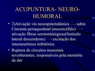 ACUPUNTURA- NEURO-
HUMORAL
• 2)Ativação via neoespinotalâmica subst.
Cinzenta periaquedutal (mesencéfalo)
ativação fibras serotoninérgicas(funículo
lateral descendente) excitação dos
interneurônios inibitórios
• Ruptura de circuitos neuronais
reverberantes, responsáveis pela memória
da dor
 