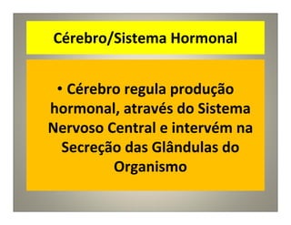 Cérebro/Sistema Hormonal
• Cérebro regula produção
hormonal, através do Sistema
Nervoso Central e intervém na
Secreção das Glândulas do
Organismo
 