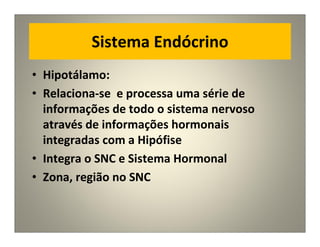 Sistema Endócrino
• Hipotálamo:
• Relaciona-se e processa uma série de
informações de todo o sistema nervoso
através de informações hormonais
integradas com a Hipófise
• Integra o SNC e Sistema Hormonal
• Zona, região no SNC
 