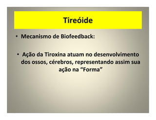 Tireóide
• Mecanismo de Biofeedback:
• Ação da Tiroxina atuam no desenvolvimento
dos ossos, cérebros, representando assim sua
ação na “Forma”
 