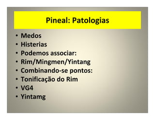 Pineal: Patologias
• Medos
• Histerias
• Podemos associar:
• Rim/Mingmen/Yintang
• Combinando-se pontos:
• Tonificação do Rim
• VG4
• Yintamg
 