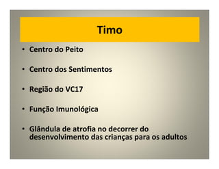 Timo
• Centro do Peito
• Centro dos Sentimentos
• Região do VC17
• Função Imunológica
• Glândula de atrofia no decorrer do
desenvolvimento das crianças para os adultos
 