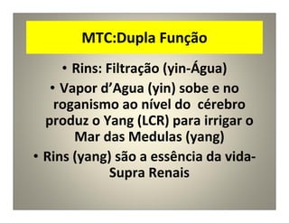 MTC:Dupla Função
• Rins: Filtração (yin-Água)
• Vapor d’Agua (yin) sobe e no
roganismo ao nível do cérebro
produz o Yang (LCR) para irrigar o
Mar das Medulas (yang)
• Rins (yang) são a essência da vida-
Supra Renais
 