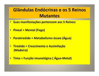 Glândulas Endócrinas e os 5 Reinos
Mutantes
• Suas manifestações pertencem aos 5 Reinos:
• Pineal = Mental (Fogo)
• Paratireóide = Metabolismo ósseo (Água)
• Tireóide = Crescimento e Assimilação
(Madeira)
• Timo = Função imunológica ( Água-Metal)
 