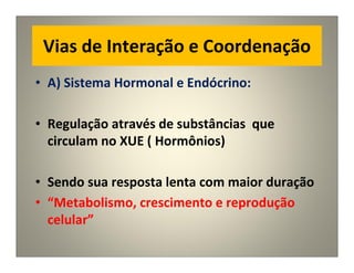 Vias de Interação e Coordenação
• A) Sistema Hormonal e Endócrino:
• Regulação através de substâncias que
circulam no XUE ( Hormônios)
• Sendo sua resposta lenta com maior duração
• “Metabolismo, crescimento e reprodução
celular”
 