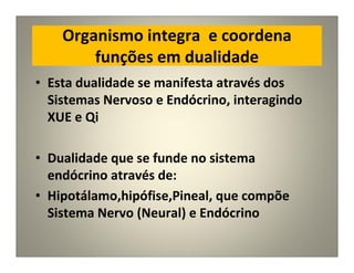 Organismo integra e coordena
funções em dualidade
• Esta dualidade se manifesta através dos
Sistemas Nervoso e Endócrino, interagindo
XUE e Qi
• Dualidade que se funde no sistema
endócrino através de:
• Hipotálamo,hipófise,Pineal, que compõe
Sistema Nervo (Neural) e Endócrino
 