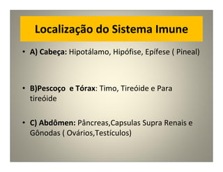 Localização do Sistema Imune
• A) Cabeça: Hipotálamo, Hipófise, Epífese ( Pineal)
• B)Pescoço e Tórax: Timo, Tireóide e Para
tireóide
• C) Abdômen: Pâncreas,Capsulas Supra Renais e
Gônodas ( Ovários,Testículos)
 
