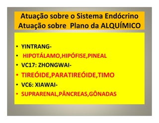 Atuação sobre o Sistema Endócrino
Atuação sobre Plano da ALQUÍMICO
• YINTRANG-
• HIPOTÁLAMO,HIPÓFISE,PINEAL
• VC17: ZHONGWAI-
• TIREÓIDE,PARATIREÓIDE,TIMO
• VC6: XIAWAI-
• SUPRARENAL,PÂNCREAS,GÔNADAS
 