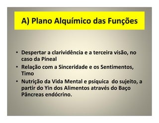 A) Plano Alquímico das Funções
• Despertar a clarividência e a terceira visão, no
caso da Pineal
• Relação com a Sinceridade e os Sentimentos,
Timo
• Nutrição da Vida Mental e psíquica do sujeito, a
partir do Yin dos Alimentos através do Baço
Pâncreas endócrino.
 