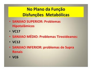 No Plano da Função
Disfunções Metabólicas
• SANJIAO SUPERIOR: Problemas
Hipotalâmicos
• VC17
• SANJIAO MÉDIO: Problemas Tireoideanos:
• VC12
• SANJIAO INFERIOR: problemas de Supra
Renais
• VC6
 