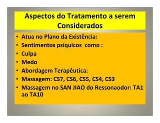Aspectos do Tratamento a serem
Considerados
• Atua no Plano da Existência:
• Sentimentos psíquicos como :
• Culpa
• Medo
• Abordagem Terapêutica:
• Massagem: CS7, CS6, CS5, CS4, CS3
• Massagem no SAN JIAO do Ressonaodor: TA1
ao TA10
 