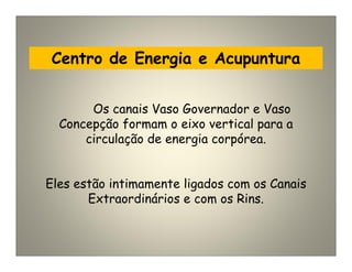 Centro de Energia e Acupuntura
Os canais Vaso Governador e Vaso
Concepção formam o eixo vertical para a
circulação de energia corpórea.
Eles estão intimamente ligados com os Canais
Extraordinários e com os Rins.
 