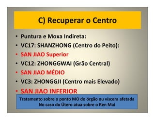 C) Recuperar o Centro
• Puntura e Moxa Indireta:
• VC17: SHANZHONG (Centro do Peito):
• SAN JIAO Superior
• VC12: ZHONGGWAI (Grão Central)
• SAN JIAO MÉDIO
• VC3: ZHONGGJI (Centro mais Elevado)
• SAN JIAO INFERIOR
Tratamento sobre o ponto MO do órgão ou víscera afetada
No caso do Útero atua sobre o Ren Mai
 